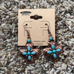 Icon Collection Turquoise/Brass Cross Earrings